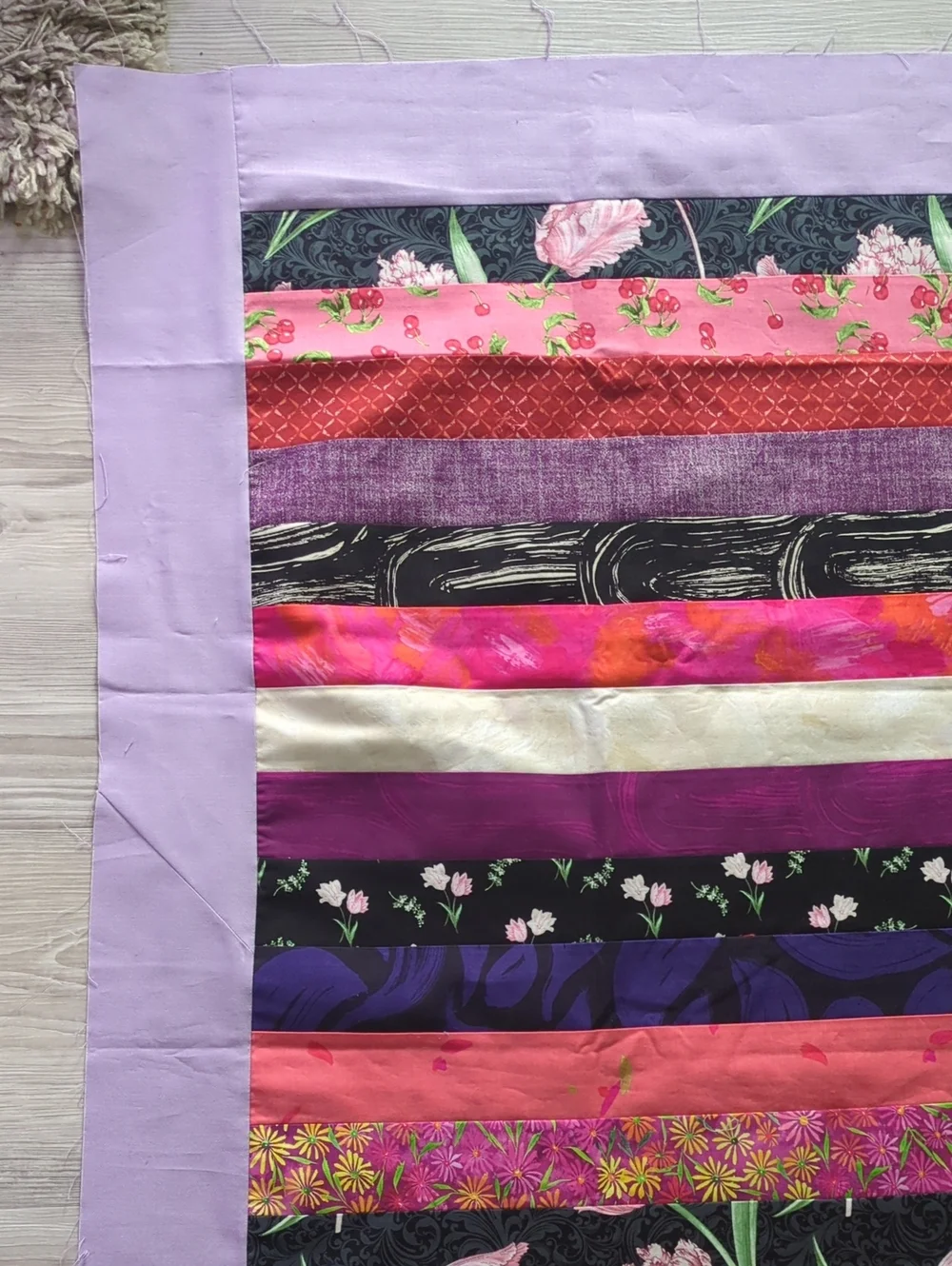 Handmade Unfinished Quilt Top UFO Modern Strip Quilt Purple Pink 49.5 x 62.5